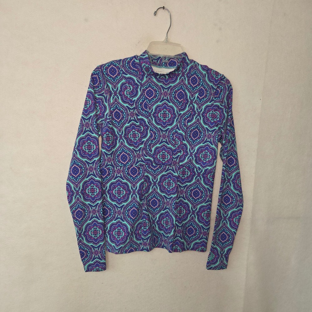 Coolibar Rash Guard Women XS Blue Paisley UPF 50+ Mock Neck Thumbhole Swim Shirt